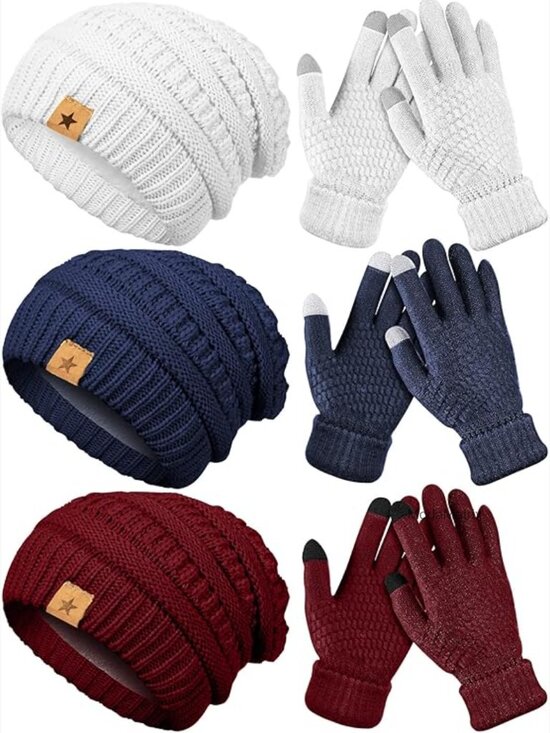 6 Beanies & 6 Touchscreen Gloves Set Stretchable Acrylic Knit Winter Accessories Geyoga 6 Pcs Winter Warm Set for Women Warm Beanies Hats  main image 3